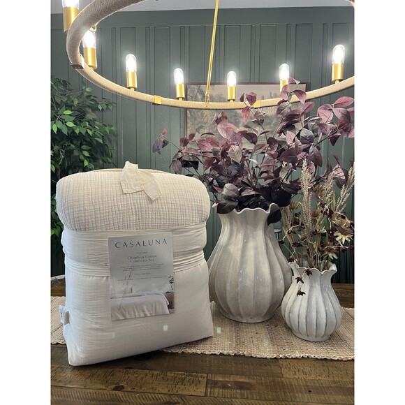 Full/Queen Textured Chambray Cotton Comforter & Sham Set Natural - Casaluna NEW - Picture 1 of 9